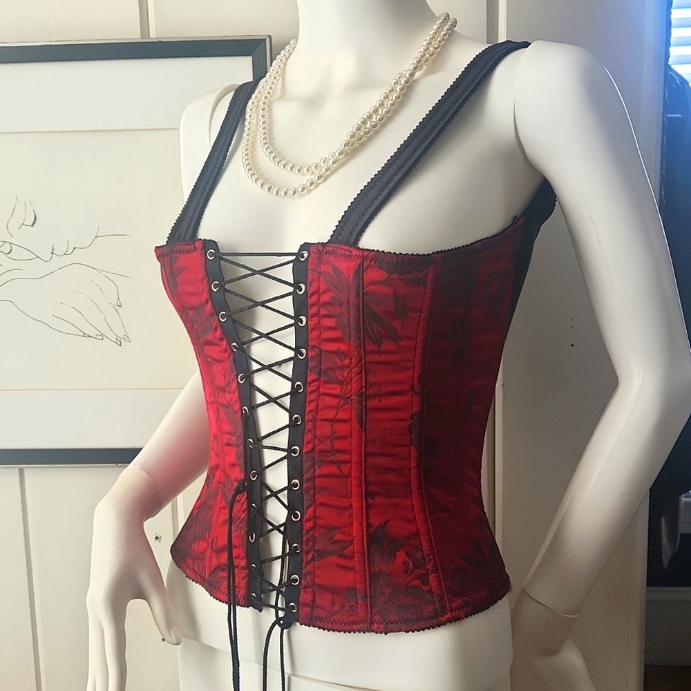 Corset, Red/black Satin Brocade- Vintage Victoria's Secret